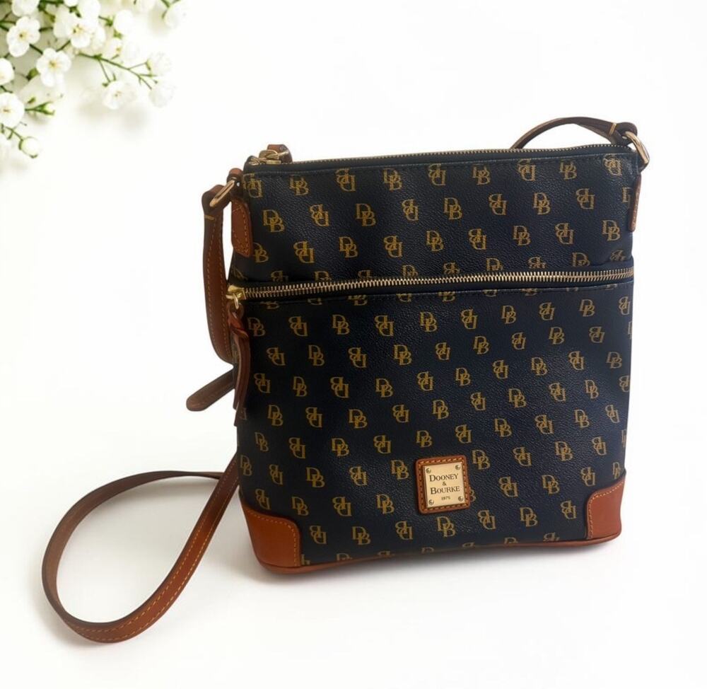 DOONEY & BOURKE Signature Small Crossbody Bag Navy Blue & Tan Coated Canvas EUC
